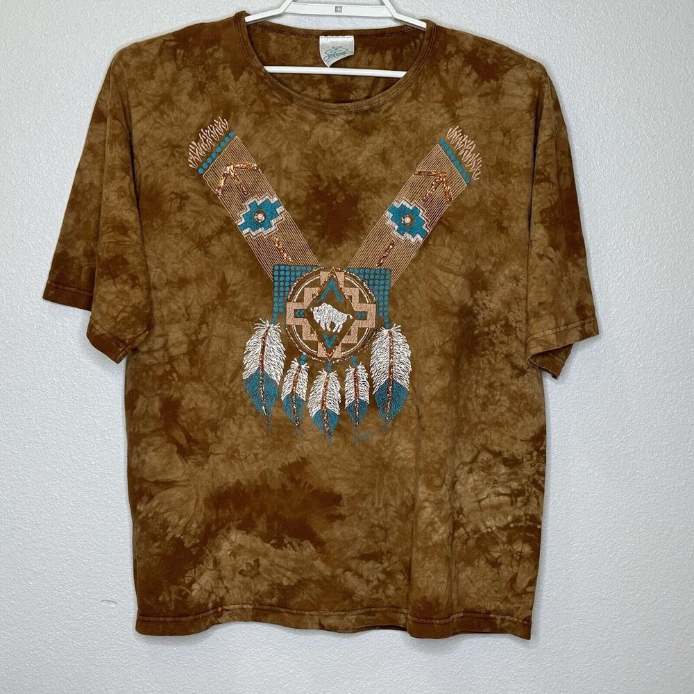Vintage‎ Lynne Apparel T-Shirt Large S/S Brown Tie Dye Buffalo Aztec Southwest